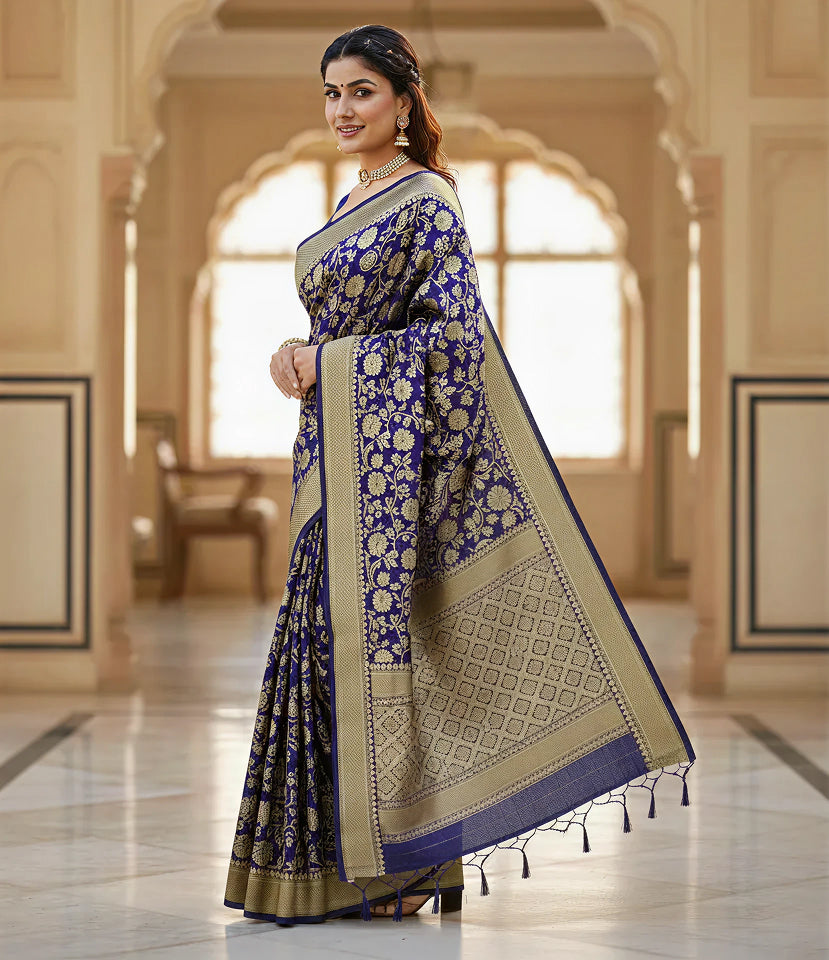 Elegant Navy Blue Jacquard Saree