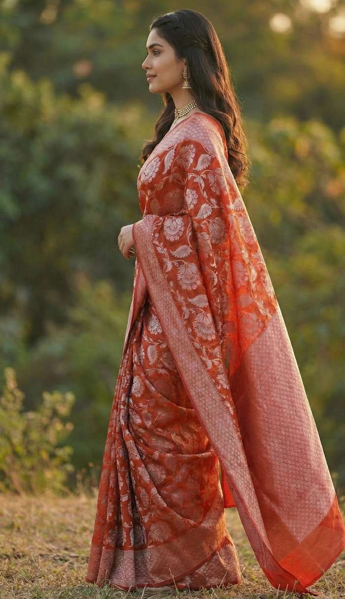 Radiant Red Jacquard Saree – Luxurious Weave & Festive Glow