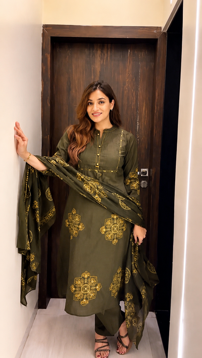 Pure Cotton Green Patchwork A-Line Kurta Pant Dupatta Set