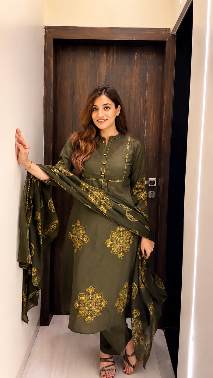 Pure Cotton Green Patchwork A-Line Kurta Pant Dupatta Set