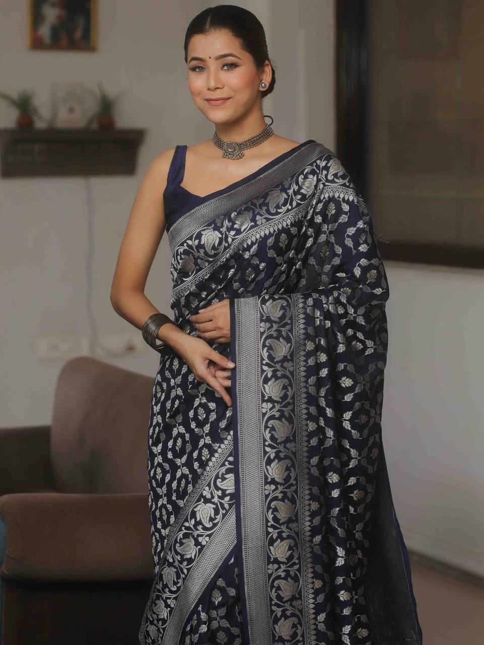 Premium Navy Blue Jacquard Saree