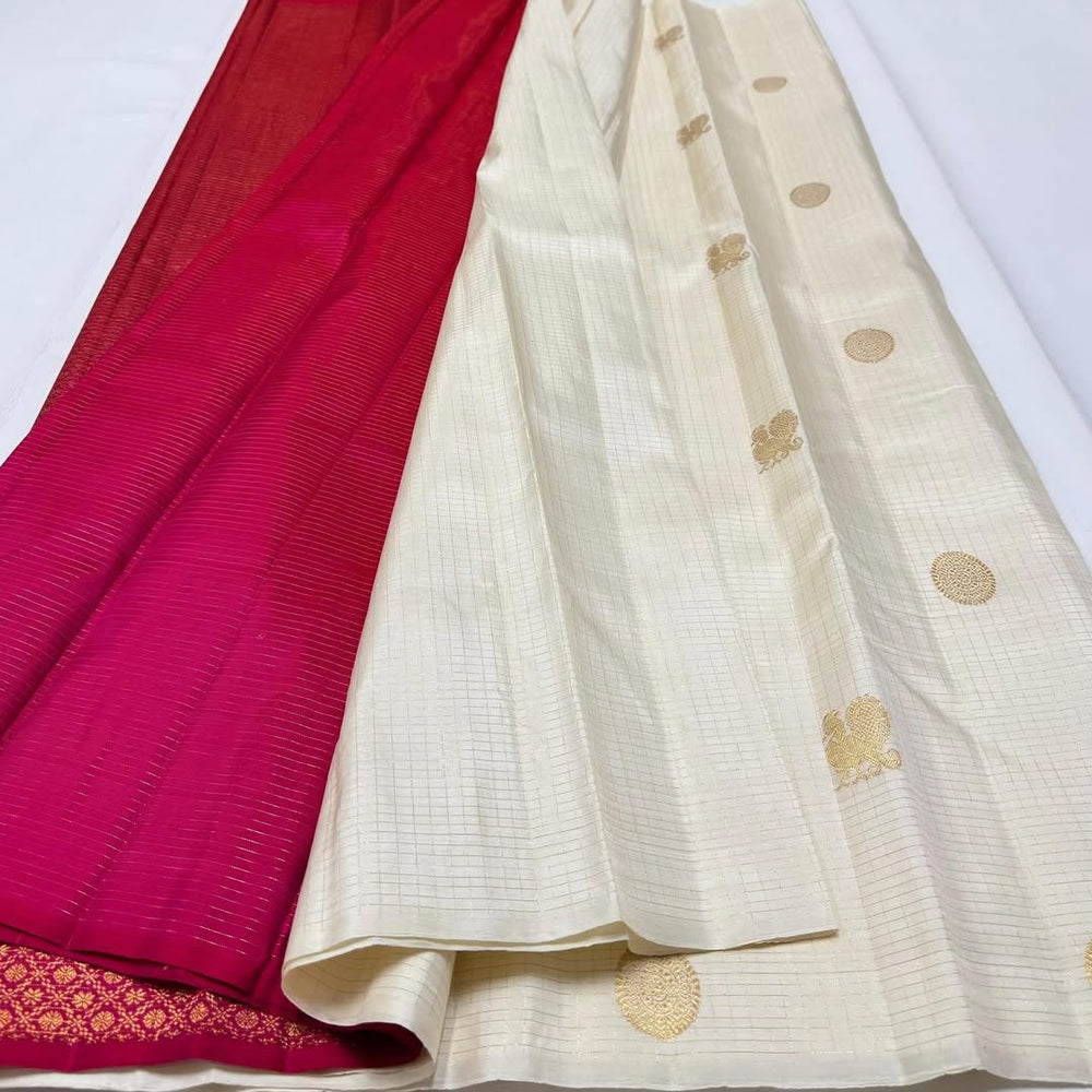 White & Red Jacquard Saree