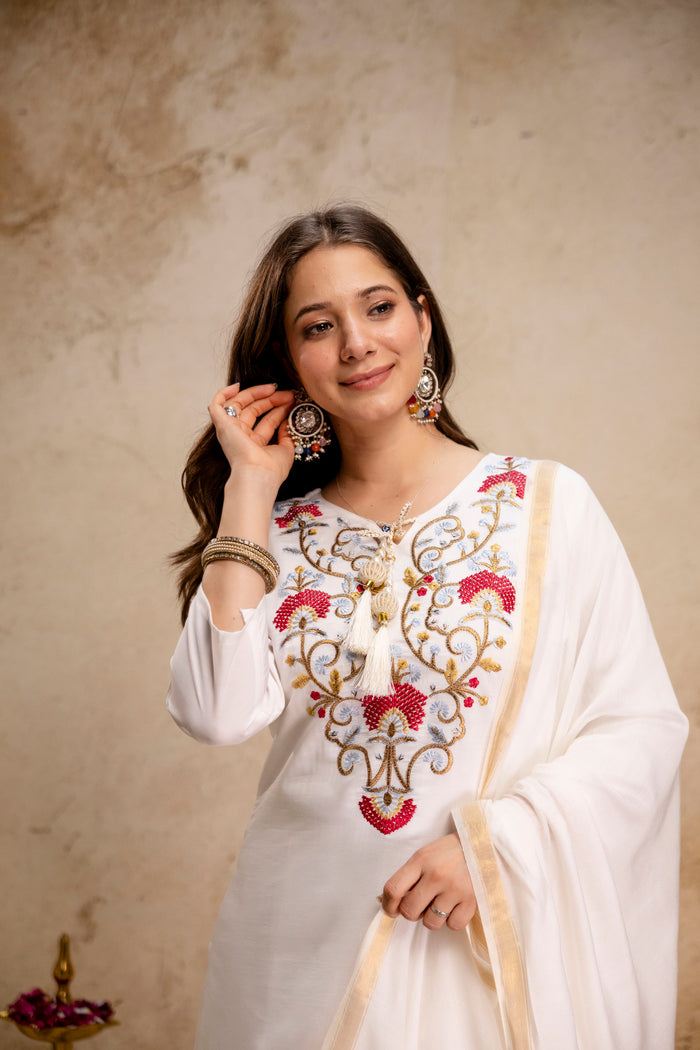 Off White Roman Embroidered Kurta Set