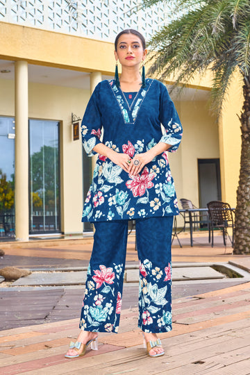 Elegant Blue Pure Cotton Floral Co-ords Set