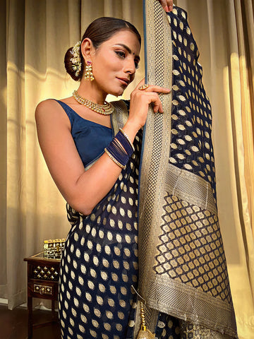 Luxurious Navy Blue Jacquard Saree – Elegant Woven Design for Festive & Party Wear