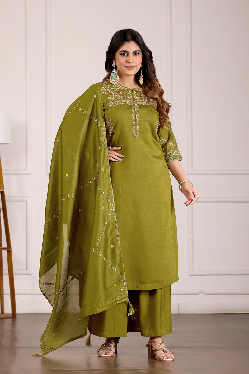 Mehndi Green Mango Silk Anarkali Set