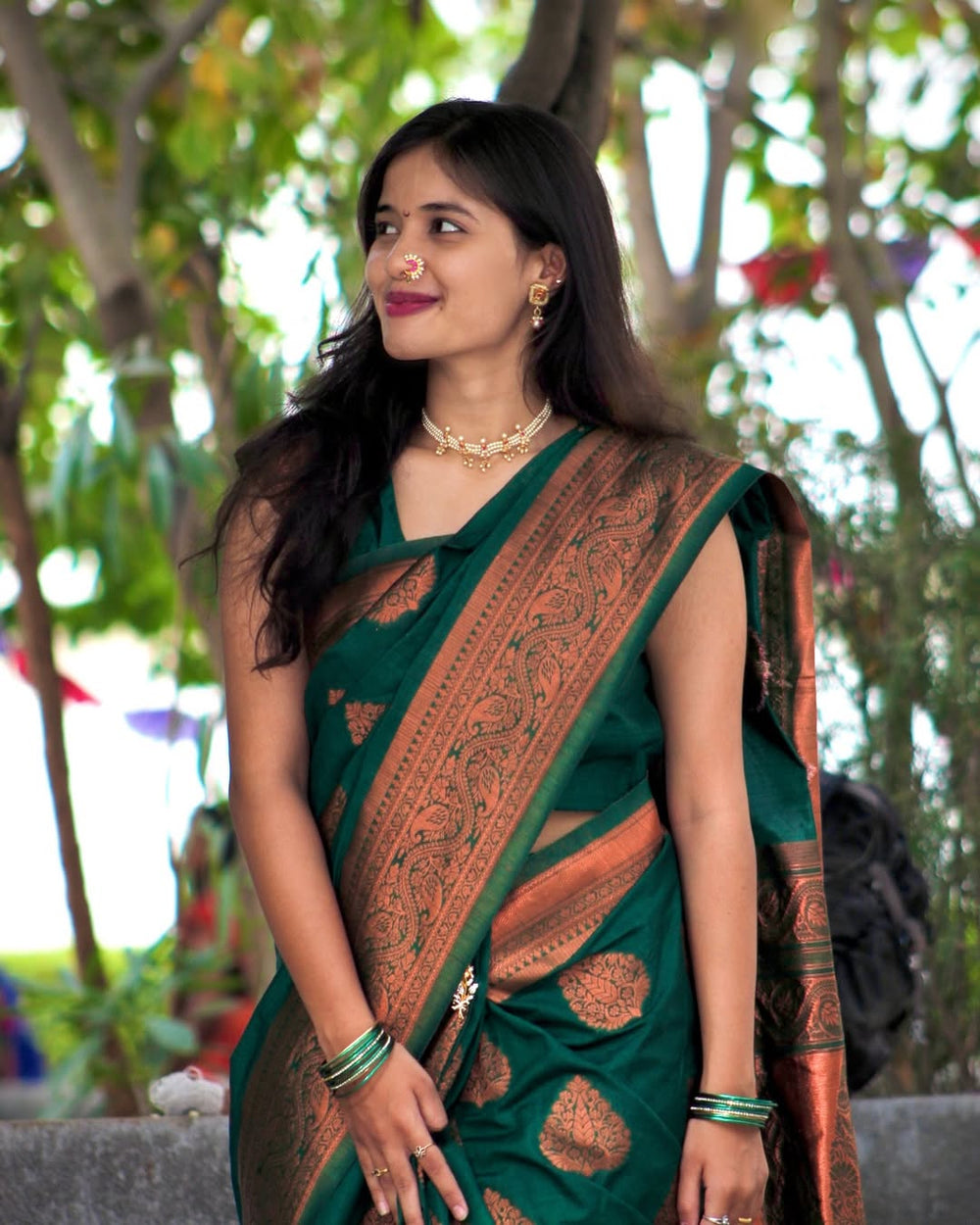 Elegant Dark Green Jacquard Saree