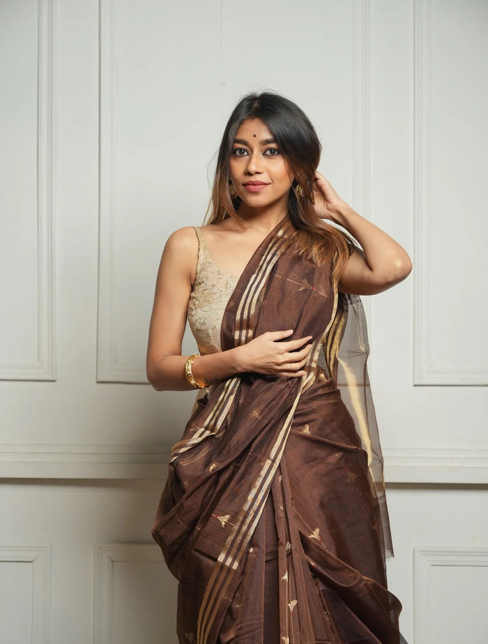 pure silk Classy Brown Colour Saree, Shining Party Wear