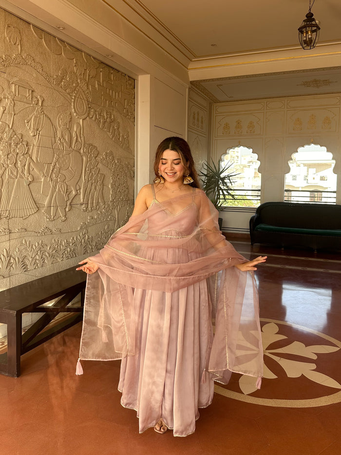Dusty Pink Tabby Organza Anarkali Suit Set