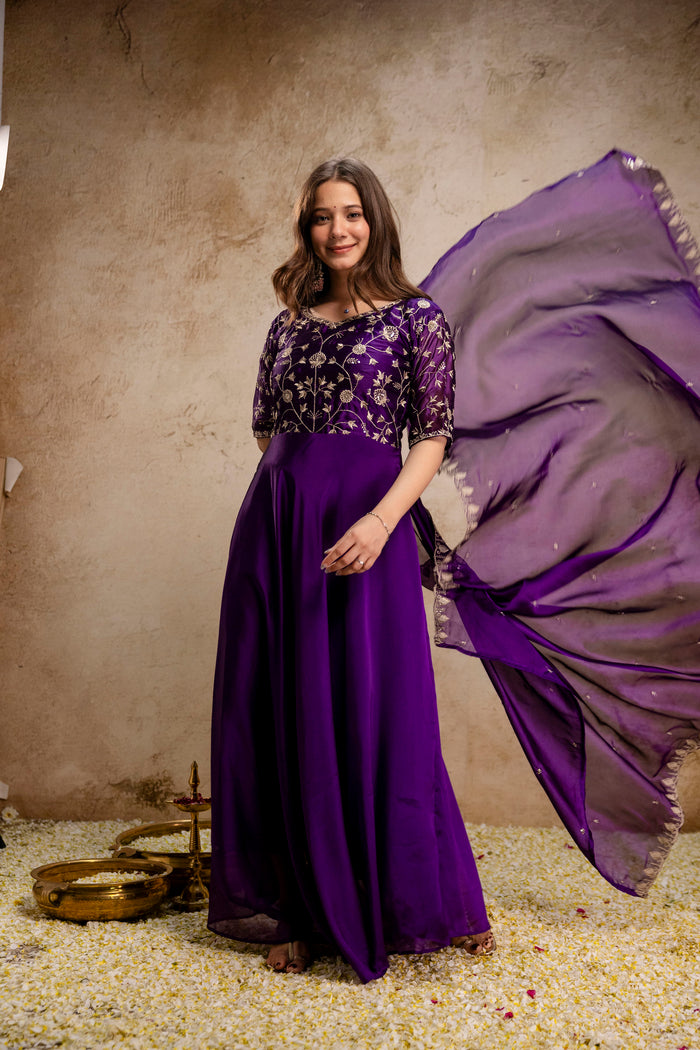 Purple Embroidered Chinon Anarkali Dress