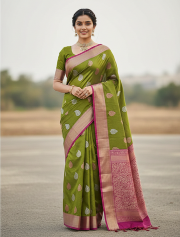 Mahendi Green Jacquard Saree – Elegant Festive Wear with Rich Woven Detailing