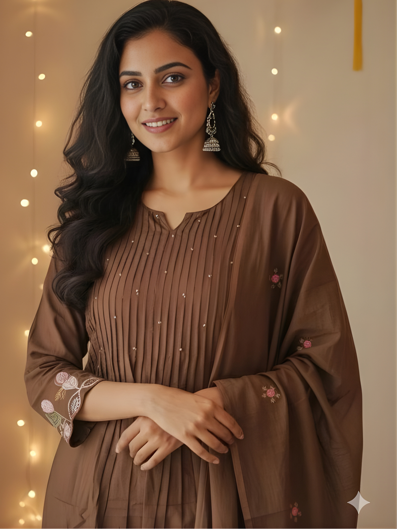 Aesthetic Mul Cotton Embroidery Madhavi Coffee Suit Set with Dupatta