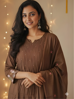 Aesthetic Mul Cotton Embroidery Madhavi Coffee Suit Set with Dupatta
