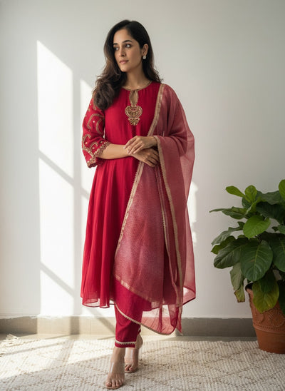 Red Viscose Chanderi Embroidered Kurta Set