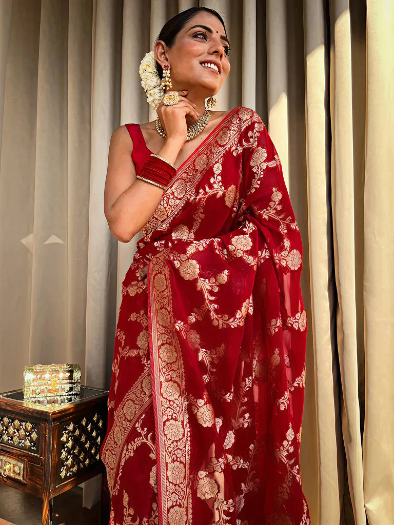 Elegant Red Jacquard Saree