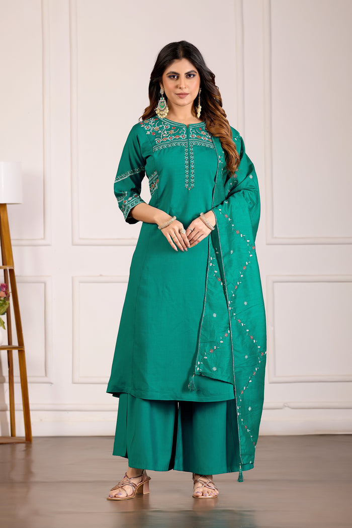 Elegant Rama Green Viscose Mango Silk Anarkali Kurti Set