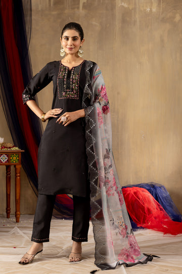 Zehra Black Roman Silk Embroidered Kurta Pant Set