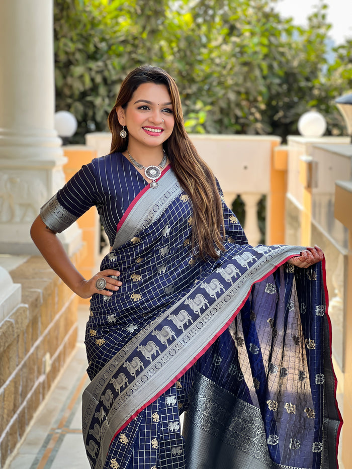 Royal Navy Blue Jacquard Saree – Elegant Weave for Festive & Party Wear
