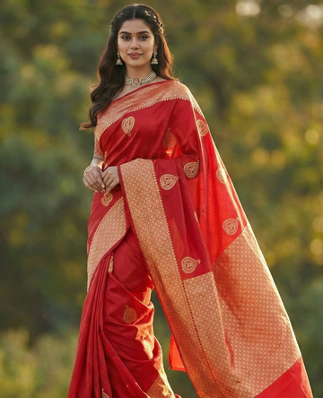 Radiant Red Jacquard Saree – Luxurious Woven Elegance for Festive & Bridal Moments
