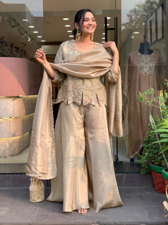 Champagne Embroidered Silk Palazzo Set