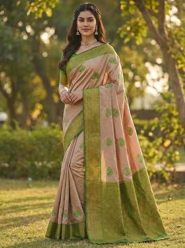 Peach Green Jacquard Silk Saree with Elegant Woven Detailing