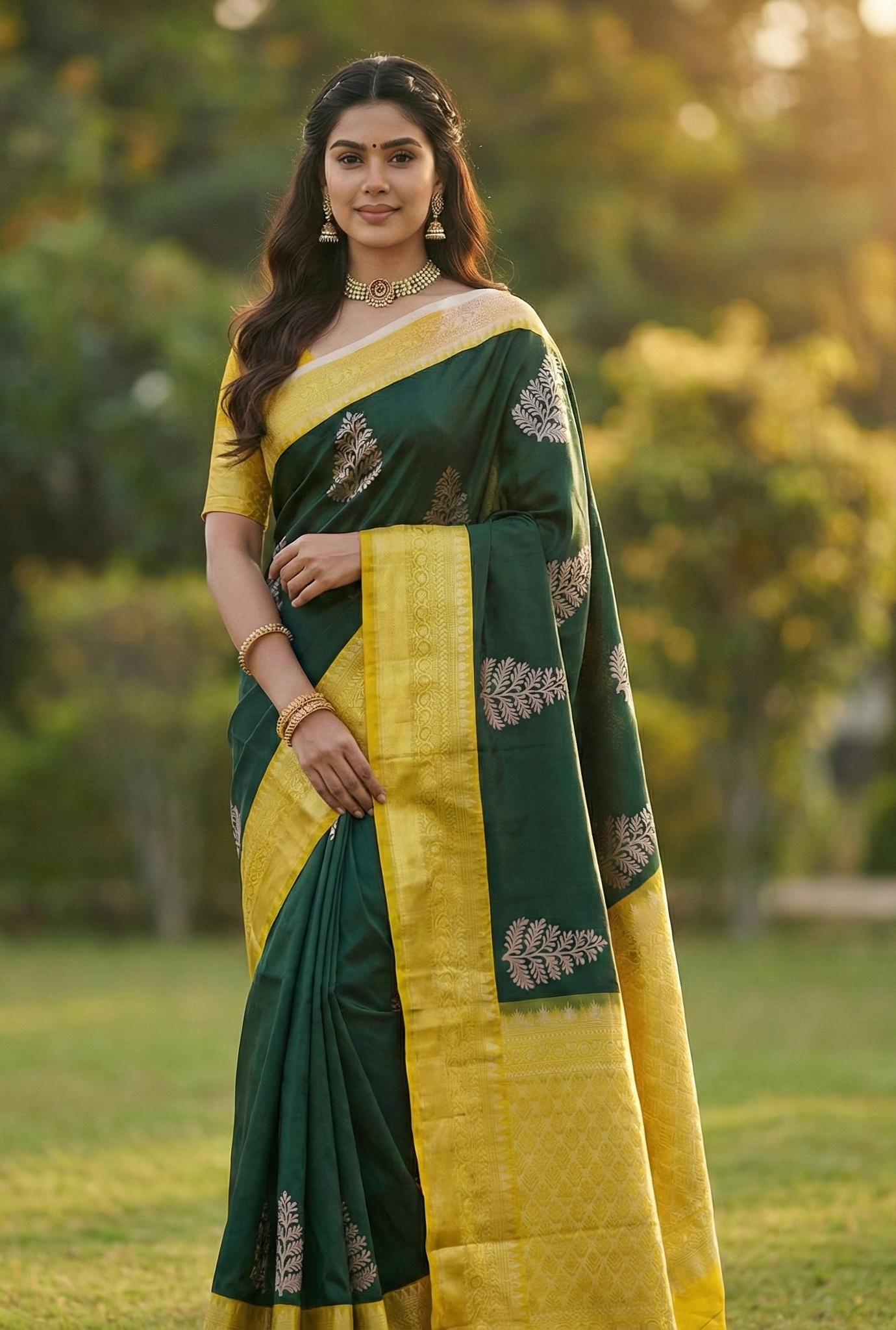 Dark Green Jacquard Saree