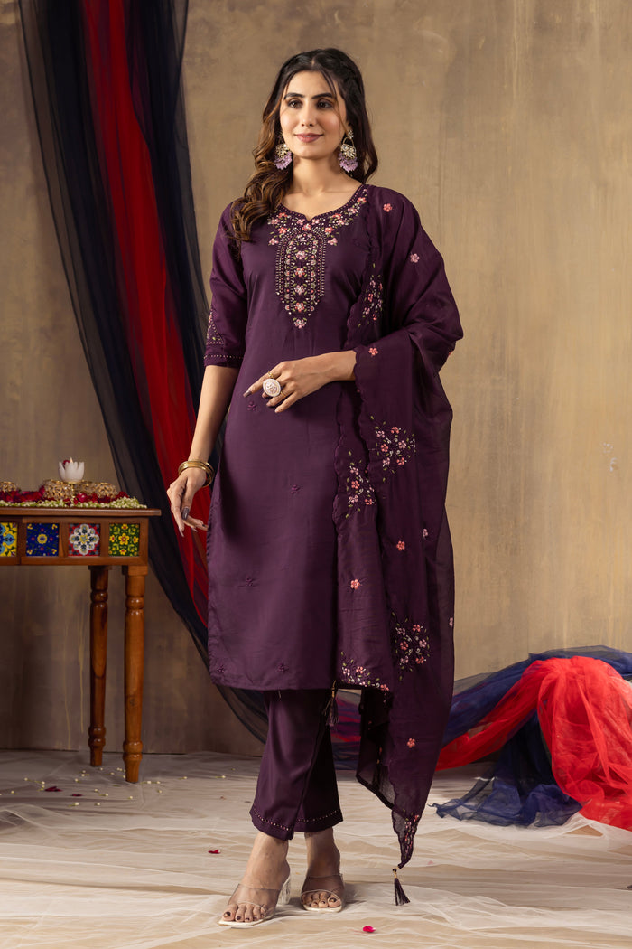 Ruhani Wine Roman Silk Embroidered Kurta Pant Set