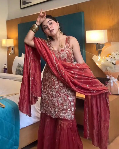 Maroon Simmer Silk Embroidered Sharara Suit Set