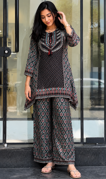Black Printed Pure Natural Crepe Co-Ord Set
