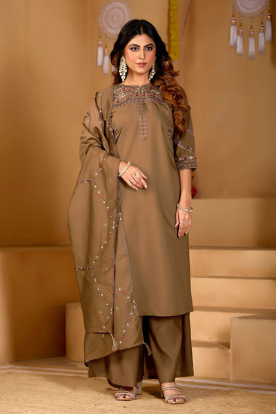 Elegant Brown Viscose Mango Silk Anarkali Kurti Set