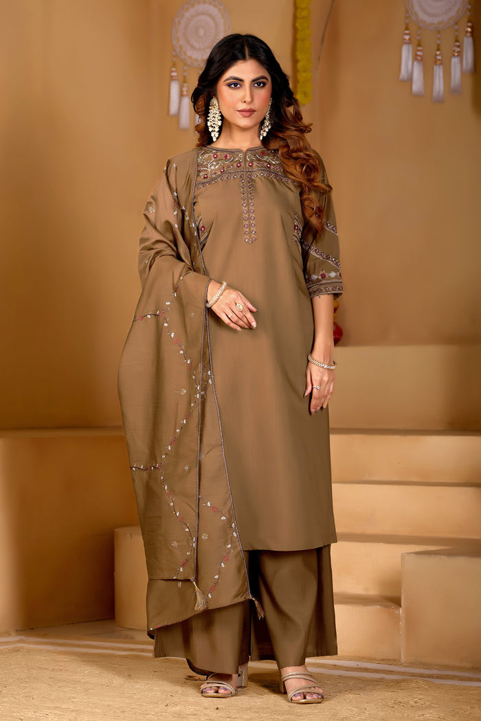 Elegant Brown Viscose Mango Silk Anarkali Kurti Set
