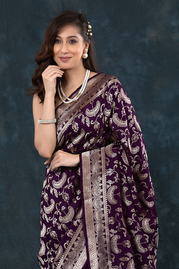 Luxury Dark Purple Jacquard Saree – Elegant Festive & Party Wear