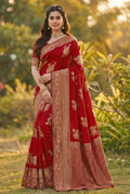 Crimson Red Jacquard Silk Saree with Opulent Woven Motifs | Bridal & Festive Luxury