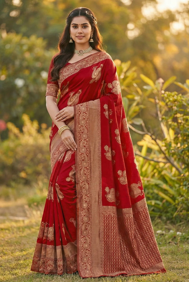 Crimson Red Jacquard Silk Saree with Opulent Woven Motifs | Bridal & Festive Luxury