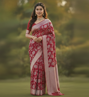 Elegant Red Jacquard Saree – Timeless Weave & Festive Charm
