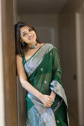 Mahendi Green Jacquard Saree – Rich Woven Fabric & Elegant Festive Drape