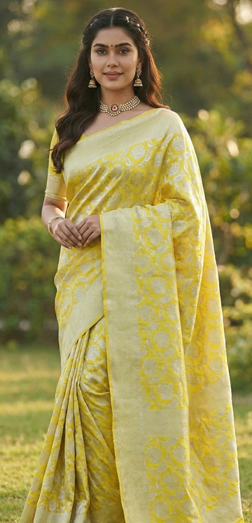 Elegant Light Yellow Jacquard Saree – Soft Festive Wear with Premium Woven Detailing