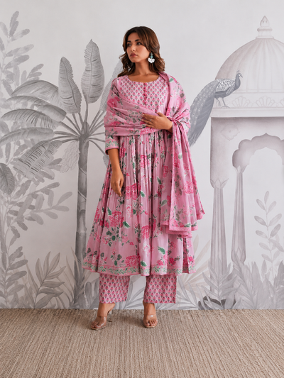 Jaipuri Cotton Flared Anarkali Suit Set