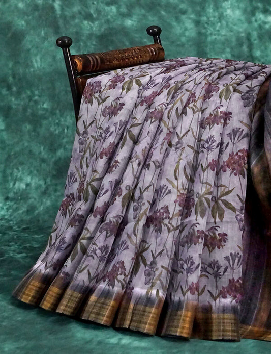 Unique Purple Colored Cotton Linen Designer Printed Saree