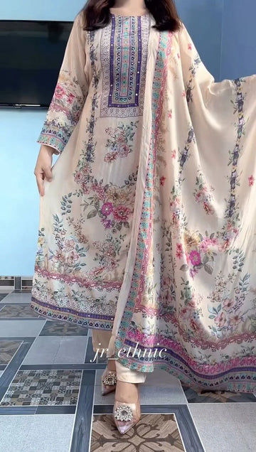 Premium Pastel Cream Floral Printed Muslin Suit Set with Designer Dupatta