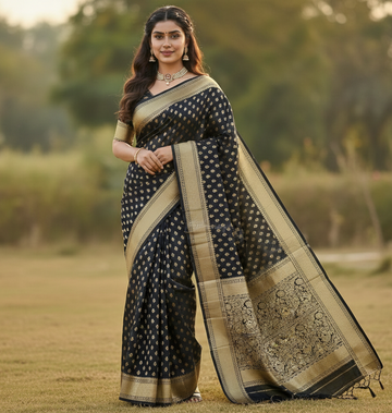 Elegant Black Jacquard Saree – Timeless Traditional Wear for Weddings & Parties