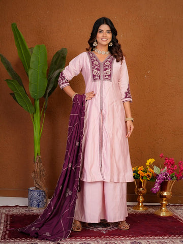 Elegant Pink Roman Silk Anarkali Kurti Set