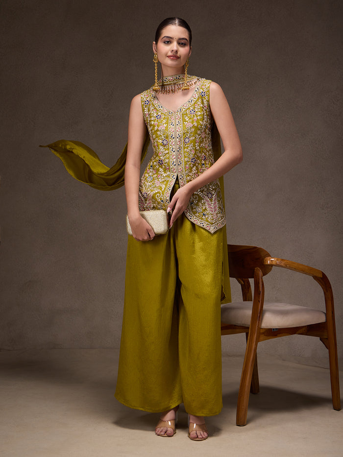 Olive Chinon Embroidered Suit Set