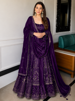 Purple Crunchy Silk Embroidered Anarkali Gown Set