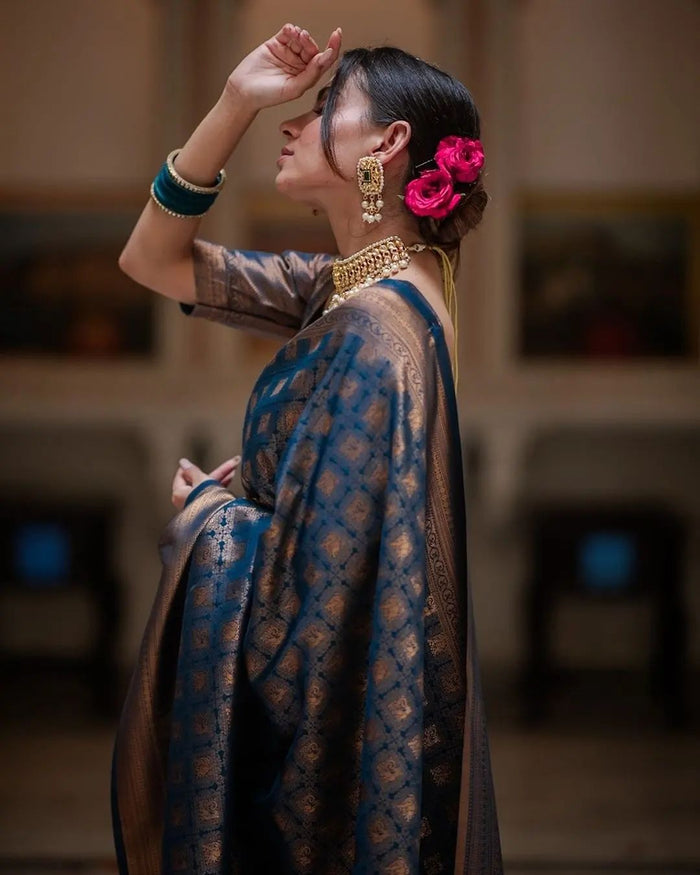 Royal Navy Blue Jacquard Saree for Festive & Wedding Elegance