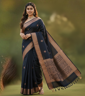 Elegant Black Jacquard Saree – Premium Woven Texture & Timeless Festive Style