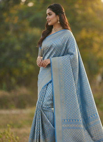 Sky Blue Jacquard Saree – Soft Woven Texture & Elegant Festive Drape