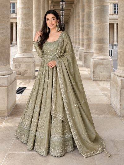 Grey Embroidered Anarkali Gown Set