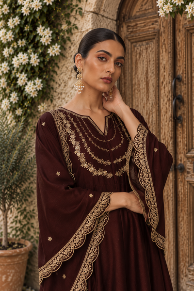Brown Embroidered Vichitra Silk Anarkali Suit Set
