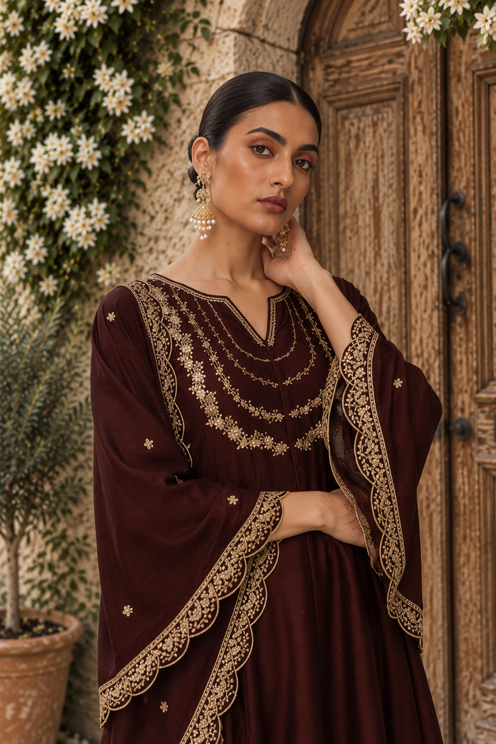 Brown Embroidered Vichitra Silk Anarkali Suit Set